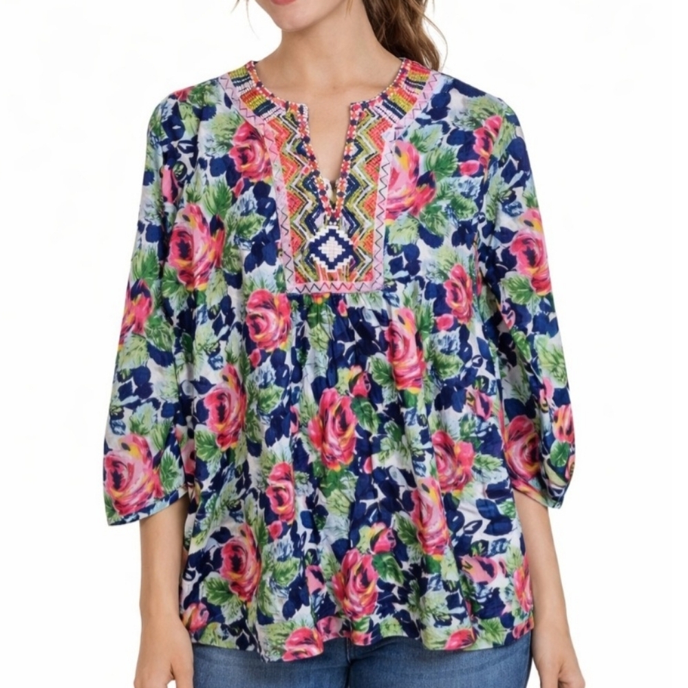 Magazine Floral Print Embroidered V Neck 3/4 Sleeve Blouse Top Size M